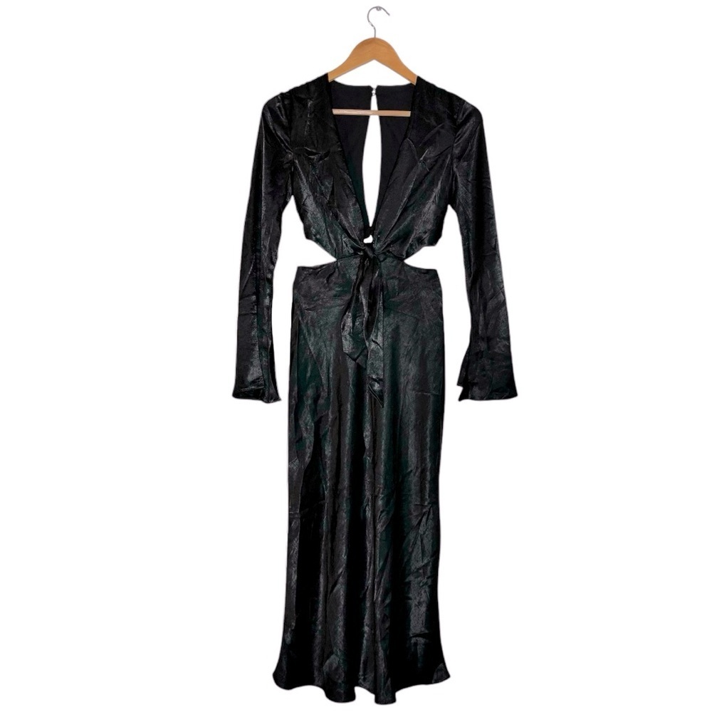 New ASOS Plunging Dress Bell Sleeves Black Front Tie Satin Style XS